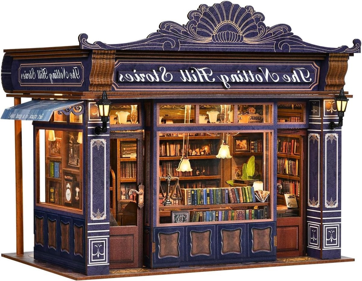 Blauwe DIY 3D Houten Puzzel Miniatuur Poppenhuis voor Boekenplank Decoratie