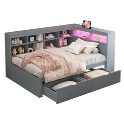 OKWISH Multifunktionales Schlafsofa 90x200 Massivholz mit USB LED Beleuchtung Stauraum Regale ausziehbares Bett praktisch Grau