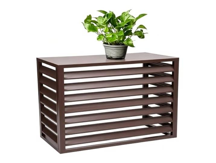 Wärmepumpenverkleidung Außen Standhaube Alu Braun Flachdeck 120x70x150cm Werkstoff Alulegierung Finish Pulverlackierung Luftstrom Lamellengitter Ablage Pflanzentablett Montage Eckwinkel-System