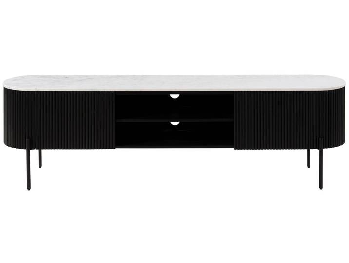 Meuble TV en bois de Manguier 200x36x51 noir laqué / marbre blanc BARCELONA #110