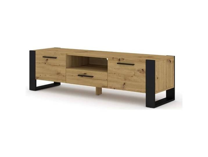 Meuble TV Stand Hi-Fi Nuka 160 cm chêne artisan jambes noires et poignées