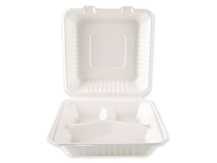 FRANZ MENSCH 250 Stück NATUREStar Menüboxen mit Klappdeckel, 3-geteilt Zuckerrohr, weiß, V: 1,2 l, L: 23 cm, B: 23 cm, H: 8,5 cm, Karton, Menüboxen, Lunchboxen, Klappboxen
