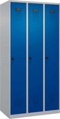 Kleiderspind C+P Evolo Plus, 3 Abteile, Anschlag rechts, Sicherheits-Drehriegel, B 900 x T 500 x H 1850 mm, weißaluminium/enzianblau