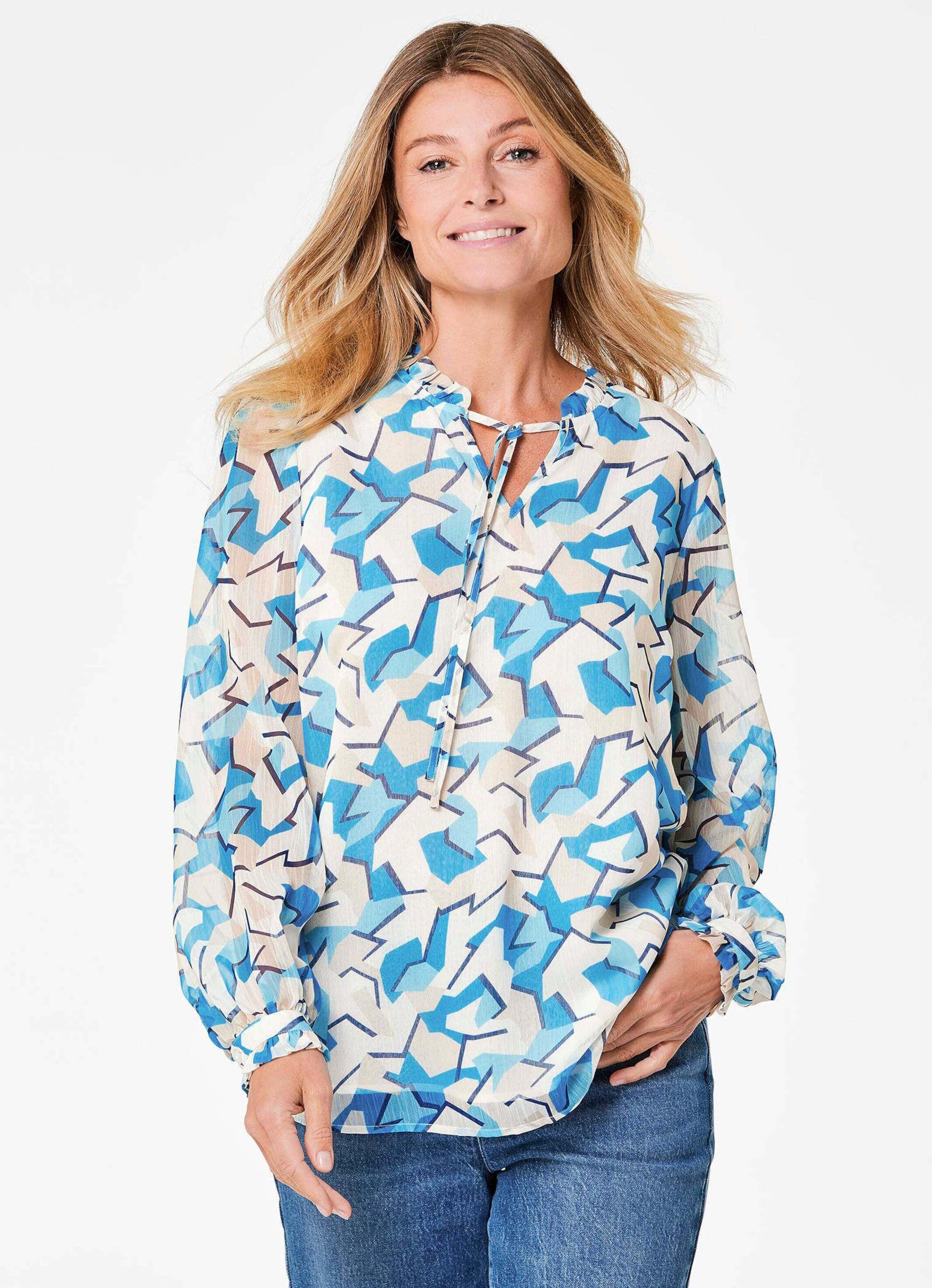 Chiffonbluse GOLDNER "Bluse", Damen, Gr. 42, blau (blau, gemustert), Obermaterial: 100% Polyester PES., Manschette, Blusen Chiffonbluse, Mit femininen Rüschendetails