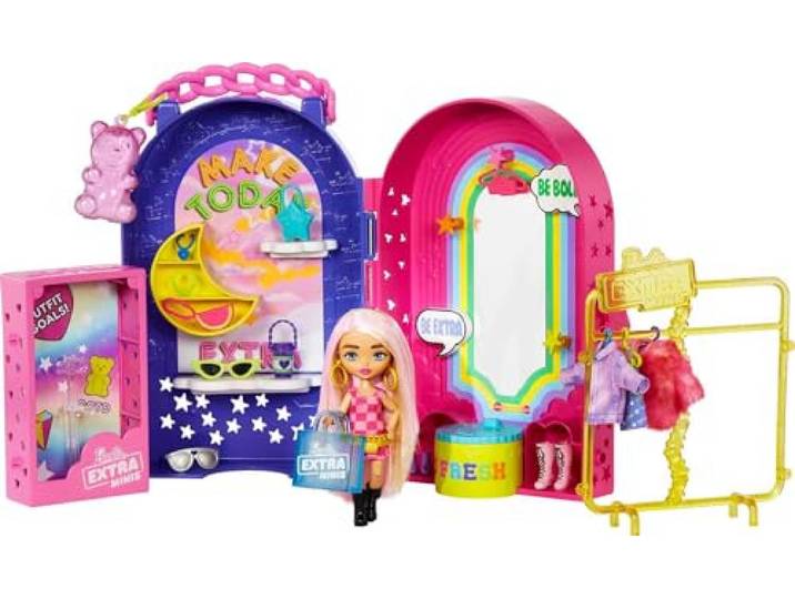 Barbie Extra Mini's Pop en Boetiek Speelset, luxe Barbie kastset met outfits en accessoires, HHN15