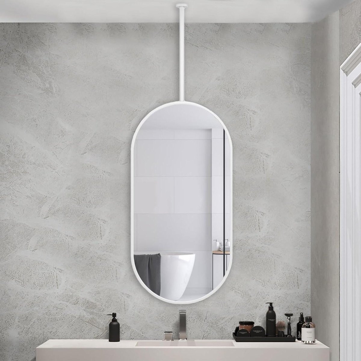 Ovale hangspiegel Wit - Decoratieve spiegel met verstelbare plafondbevestiging - 50 x 70 cm