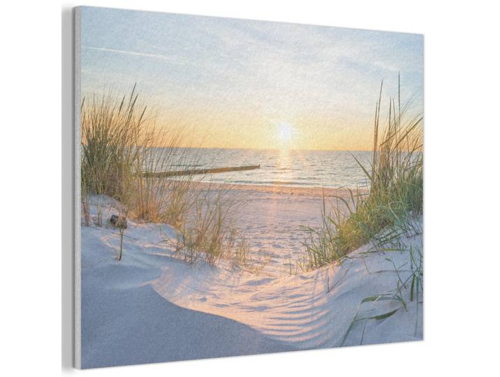 MuchoWow Akustikbild - Strand - Sonne - Düne - Gras - Sand - Horizont - 70x50, Hellblau, Kunststoff, Rechteckig, 70x50x0.9 cm, Wandverkleidung, Akustikpaneele