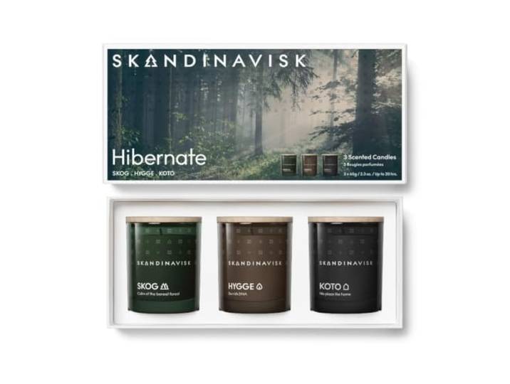 Skandinavisk Hibernature Coffret cadeau de 3 mini bougies parfumées SKOG « Forêt »\, HYGGE « confort » et KOTO « Maison » Formule végétalienne 3x65 g Noir