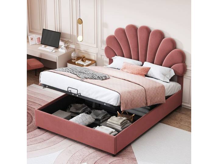 Norevia Lit Coffre 90x200 Velours Rose Enfant Fille avec Tête de Lit Fleur Réglable
