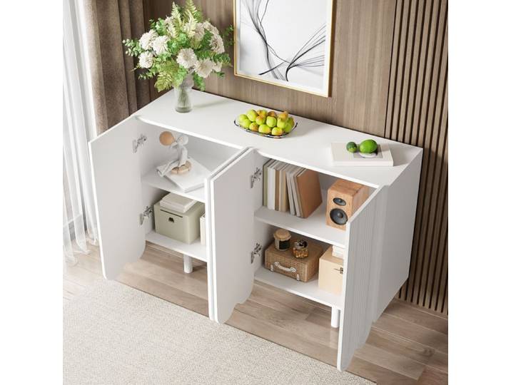 Buffet Bas 4 Portes Blanc En MDF Avec Motif Goutte D Eau Sculpté Étagères Intérieures Et Charnières Amorties