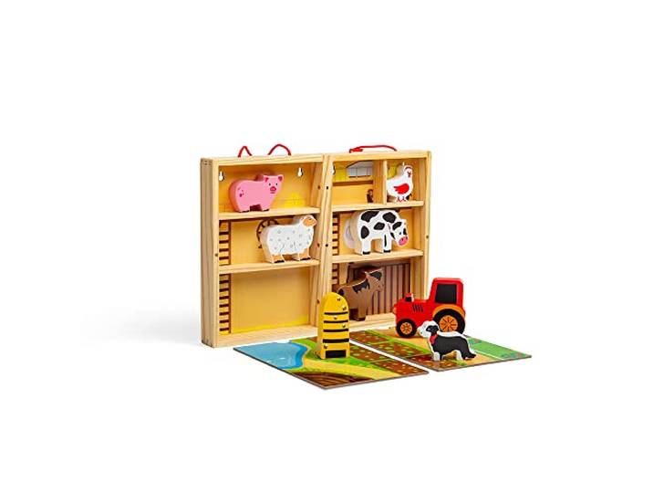 Bigjigs Toys Farm Play Box - Wooden Playset with 5 Farm Animals & 2 Fold-Out Play Mats, Portable Toy Farm Wooden Dolls House, Montessori Toys for 18 months +, Farm Set Roleplay Toy