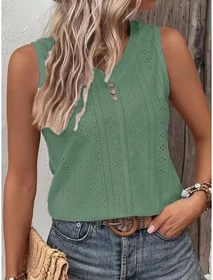 Daily Discovery Elegant Women's Button Tank Top Casual Sleeveless Summer Top Soft Round Neck Blouse green xxxl