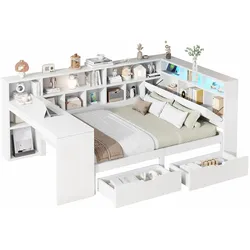 MODFU L-förmiges Holz-Plattformbett 140x200 cm mit Schreibtisch, Bücherregal, LED-Beleuchtung, Stauraum – Weiß, multifunktional