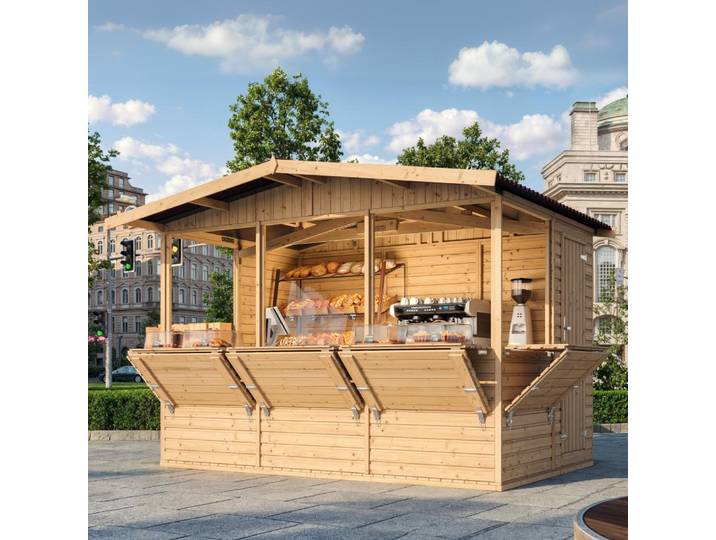 TIMBELA M150B H232x336x263 cm/6 m2, große multifunktionale Garten-Bar Verkaufshütte Verkaufsstände aus Holz