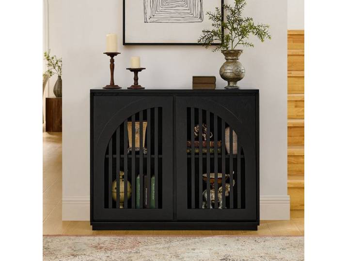 Buffet moderne - façades cannelées et 2 ouvertures de prise Buffet avec rangement Armoire D'appoint étroite noir 99.06x23.5x82.5 cm