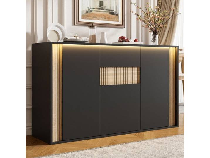 Buffet Noir Veinage Bois 140x40x82cm 3 Portes 1 Tiroir LED Réglable Meuble Rangement Salon Salle à Manger