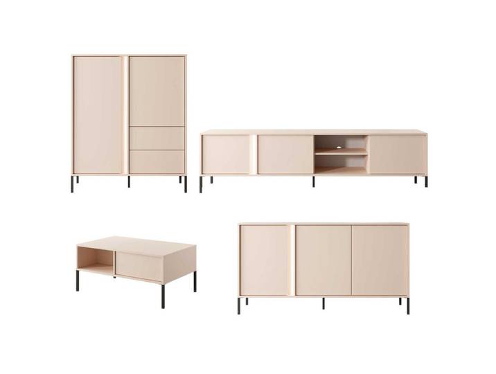 Feldmann-Wohnen Wohnzimmer-Set Dast (4-tlg) Beige / mit LED-Beleuchtung, 6 Fächer, 556x123x60 cm, Wohnzimmer, Wohnwände