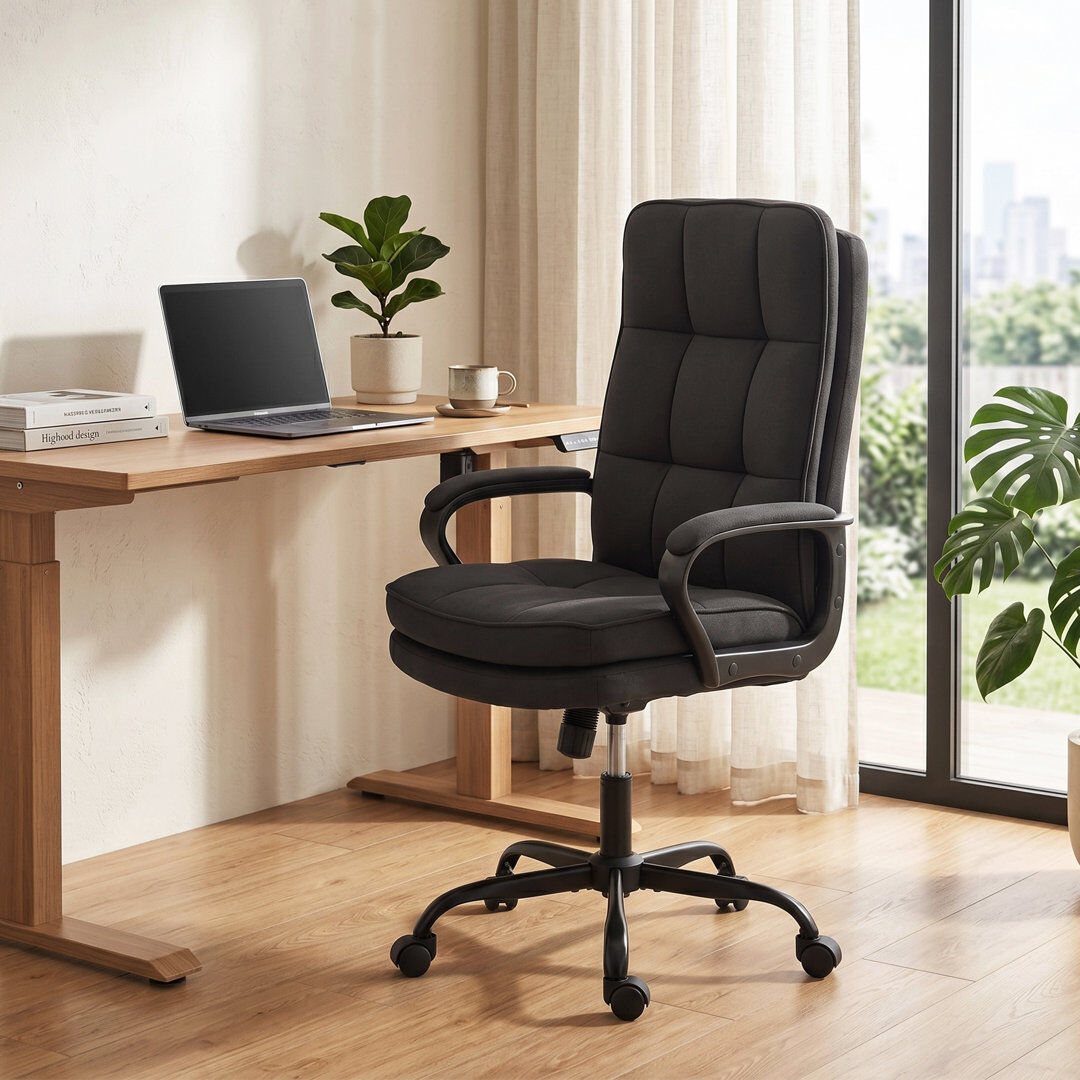 Brayden Studio HOMCOM Fabric Office Chair, Computer Desk Chair for Home, Black Black 64.5cm W X 67cm D
