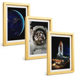 BILDER SET 3er Set - 20x30 cm Goldrahmen - Weltraum Erde Astronaut Rakete