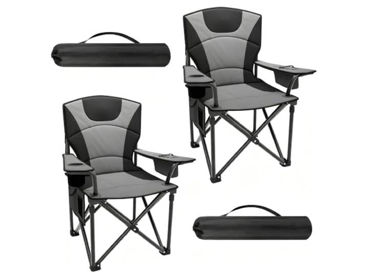 Koioplie Campingstühle 2er Set klappbar gepolstert Stahl bis 200 kg Schwarz Kühltasche, Getränkehalter, Tragetasche, Breite Sitzfläche, Hohe Rückenlehne