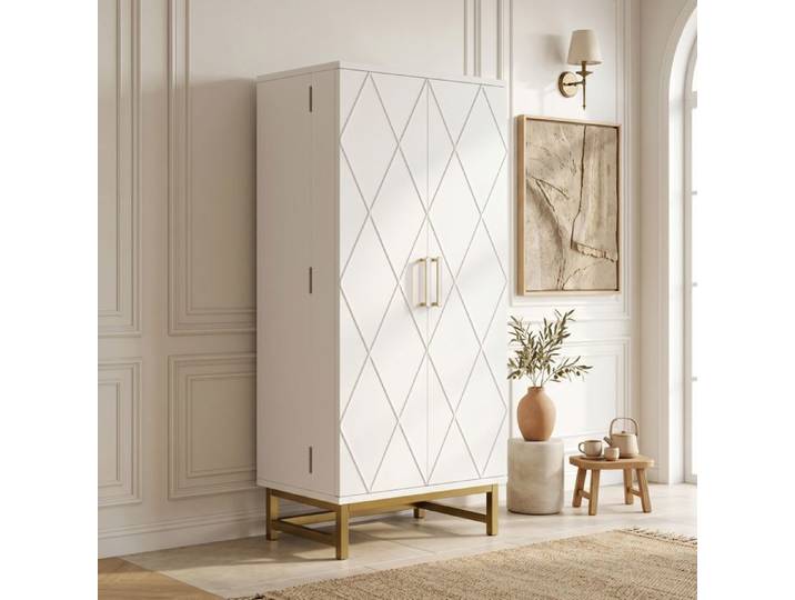 Buffet haut 60x40x130 cm Meuble de cuisine avec 2 portes étagères réglables meuble de rangement pour petits espaces blanc et doré