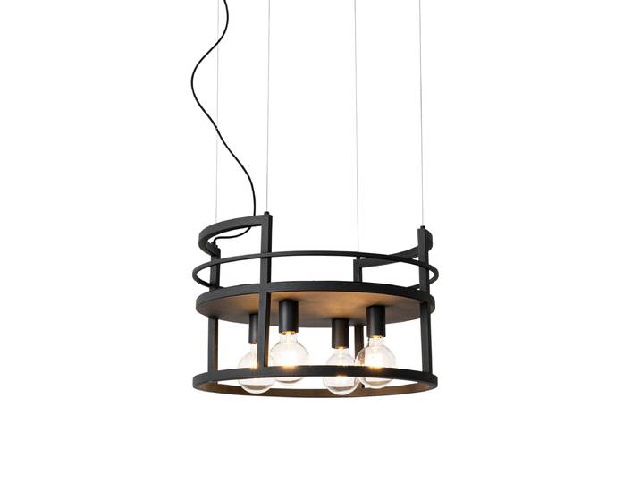 Suspension industrielle noire avec support rond 4 lumières - Cage