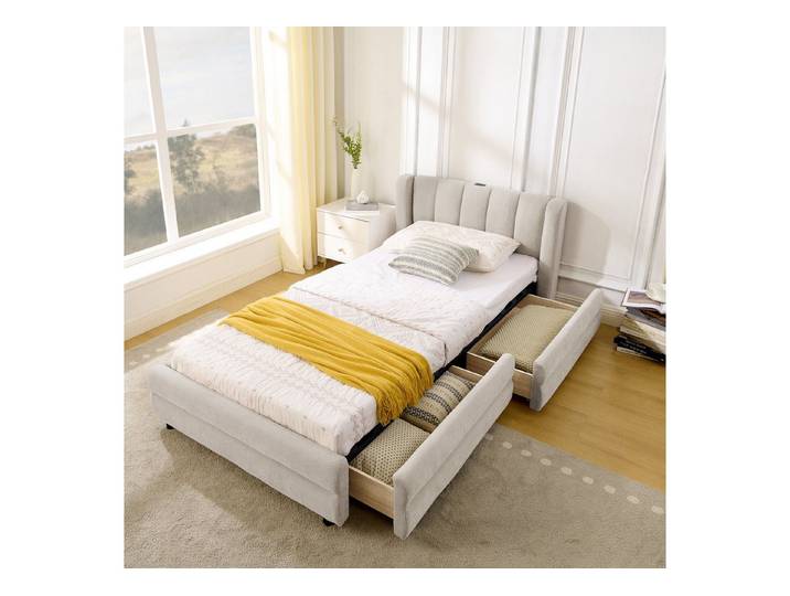 ANYSUN Einzelbett 90x200 cm mit seitlichen Aufbewahrungsfächern (Spar-Set, bett), USB-Ladeport, Weichem Chenille-Stoff, Ergonomischem Design