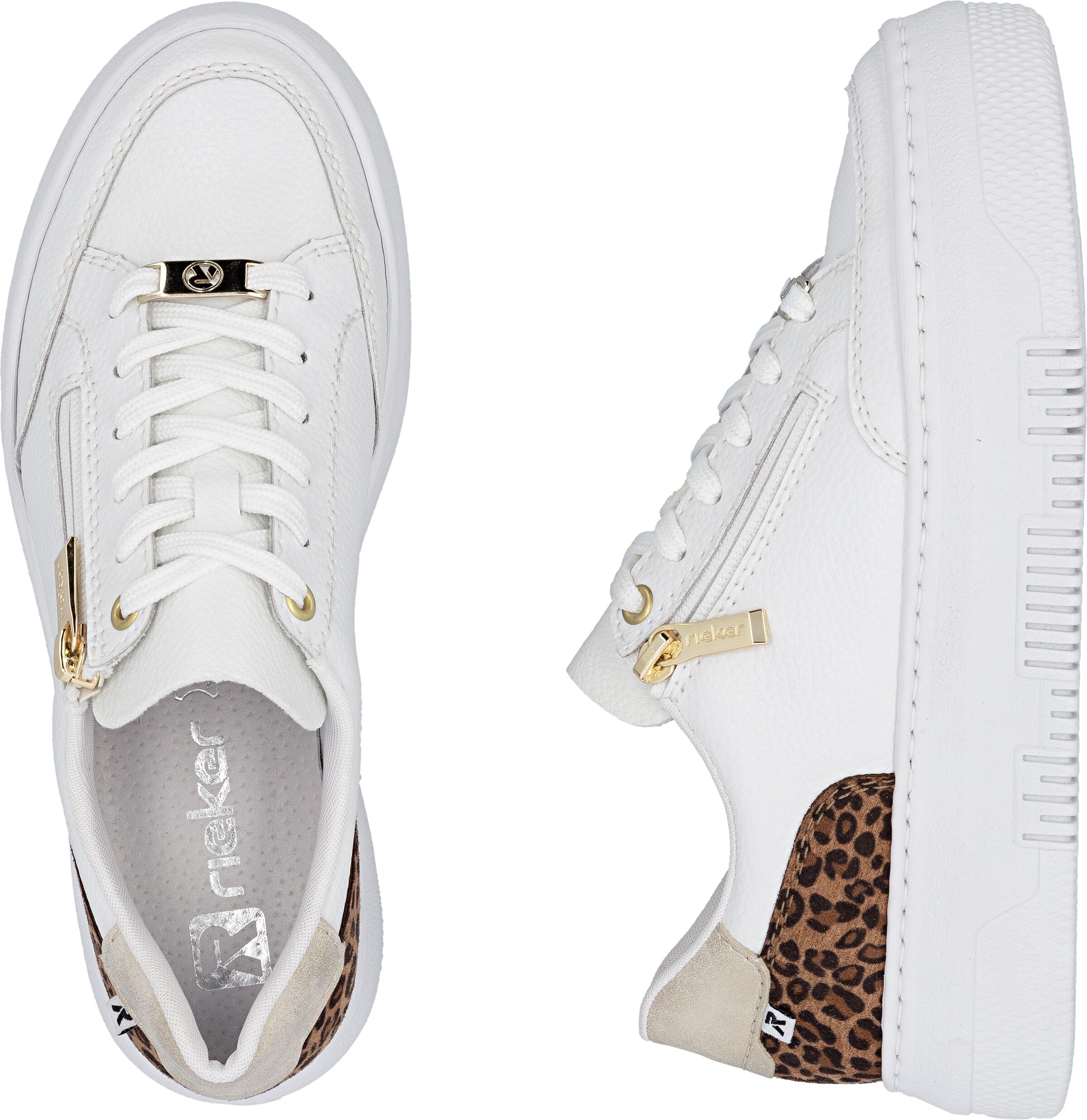 Plateausneaker RIEKER, Damen, Gr. 42, Textil, weiss (weiß, leo), Glattleder, Schuhe Plateausneaker, Schnürschuh, Freizeitsneaker, Halbschuh mit Leo-Einsatz an der Ferse weiß, leo 42, Textil