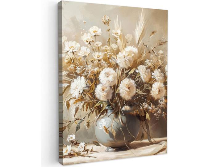 MuchoWow Leinwandbild - Blumen - Vase - Stilleben - Beige - 60x80 - Gemälde, Creme, Textil, Kiefer, Abstrakt, Rechteckig, 60x80 cm, gerahmt, Bilder & Rahmen, Bilder, Wandbilder