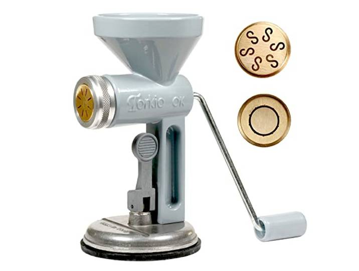 Nudelmaschine manuell mit Saugnapf und zwei Matrizen aus Messing für Casarecce und Paccheri TORKIO OK Leonardo Teigschneider