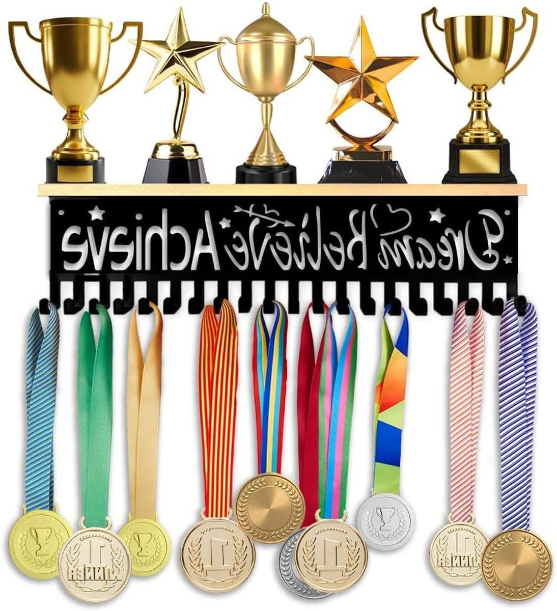 Medaille Display Plank Wandrek met Dreams Come True ontwerp - Zwart - B: 40 cm, D: 9 cm