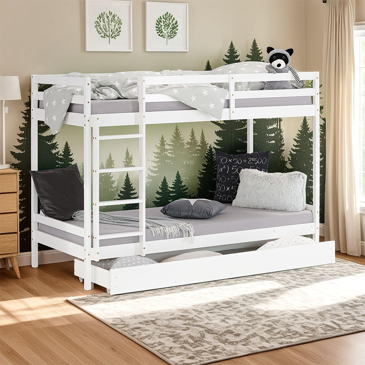 Homestyle4u Etagenbett 90x200 Kinder Hochbett mit Lattenrost Matratze mit Standard 100 mit Rausfallschutz mit Bettkasten Kiefer Weiß