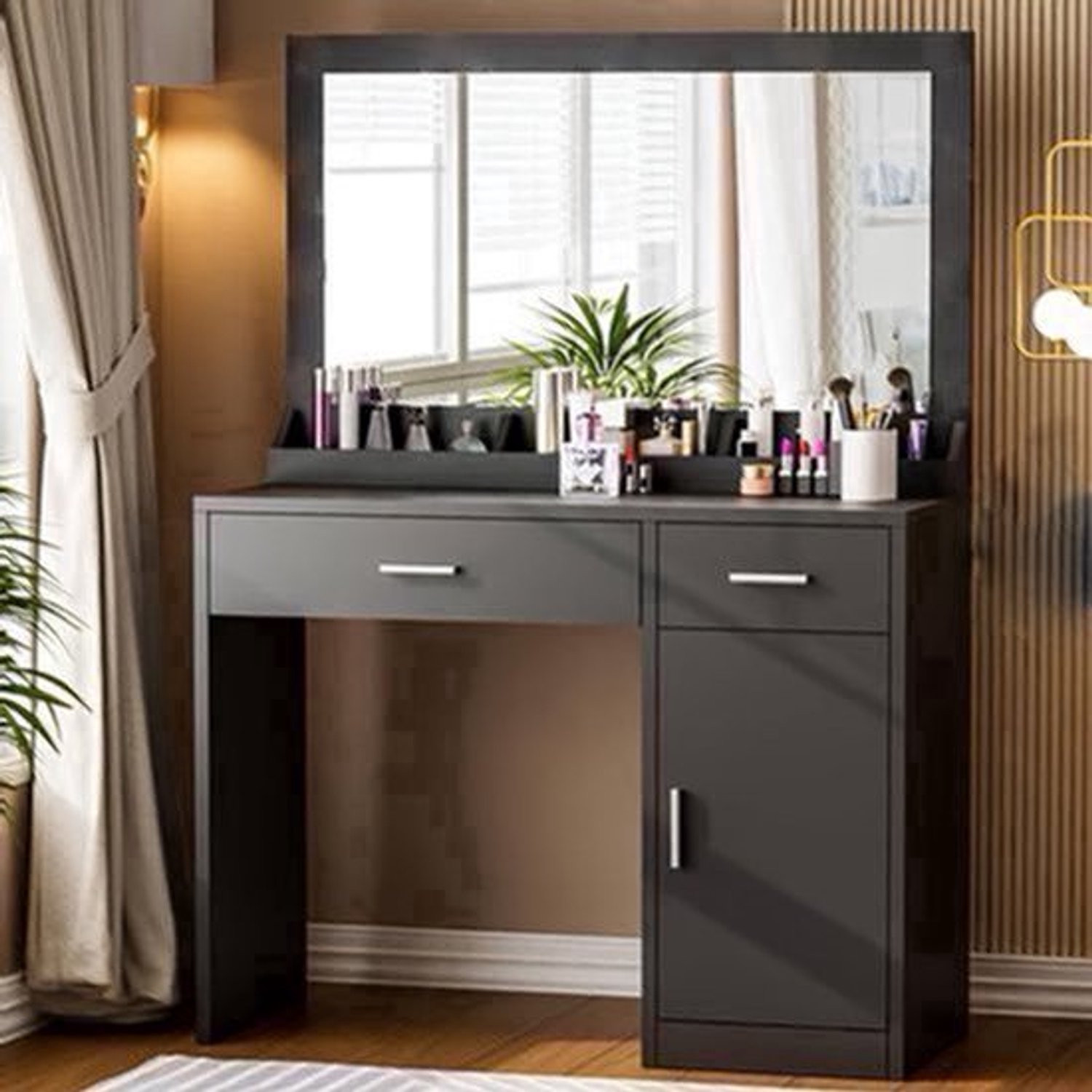 Zwarte Makeuptafel met Grote Spiegel, 2 Laden en Kast voor Professioneel Gebruik