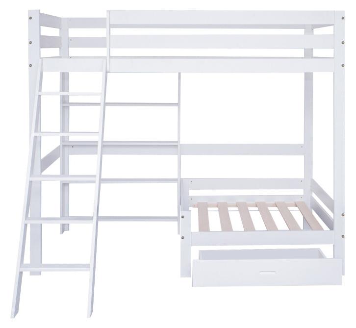 Kinderbett mit Hochbettfunktion, 90x200 cm - Weiß. Halbhohes Etagenbett mit Sofa und großem Schubladenbereich