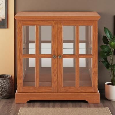 ZWYO HOSIMU "32""H LED Curio Display Cabinet, Antique Glass Cabinet with Adjustable Shelves, Lattice Doors, Storage Cabinet for Home Decor."