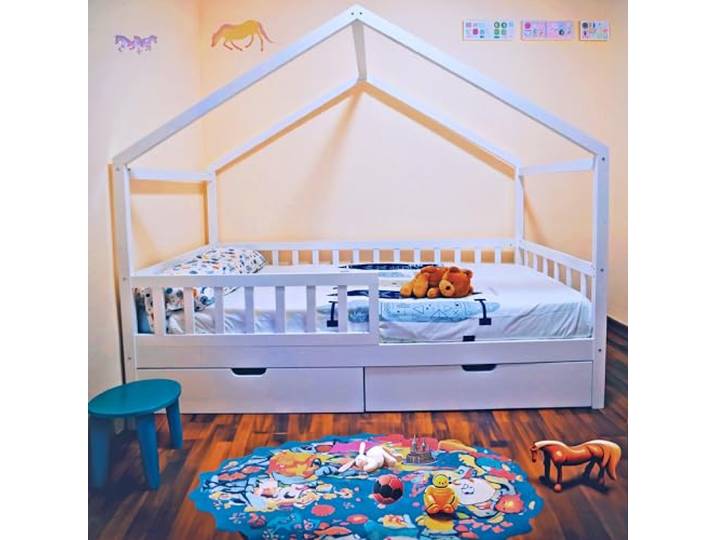 Kinder Hausbett 90x200 cm aus Massivholz Kiefer – Weiß – mit 2 Schubladen, Lattenrost & Rausfallschutz – Kinderbett im Haus-Design (ohne Matratze)
