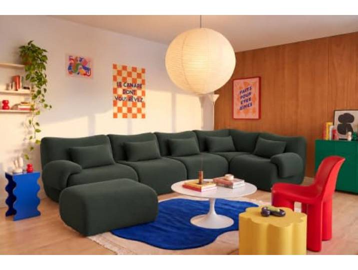 MILYsofa Modulares Wohnlandschaft, 5-Sitzer mit Ottomane, Bouclé-Bezug, Abnehmbare Kissenbezüge (Waldgrün, Wohnlandschaft)