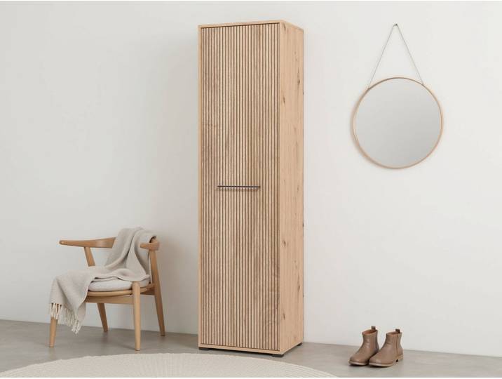 Garderobenschrank HOME AFFAIRE Landes Schrank inkl. 1 Kleiderstange, Stauraumschrank, Höhe 198 cm , braun (artisan eiche), B:54,5cm H:197,5cm T:40cm, Holzwerkstoff, Kunststoff, Metall, Schränke, Garderobenschrank, Front Artisan Eiche mit dekorativen schwarzen Streifen