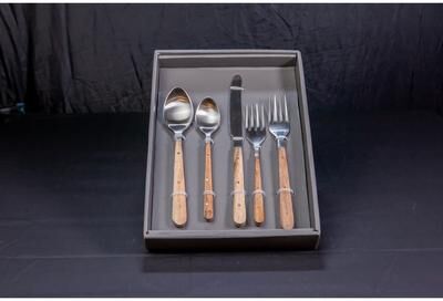 BIDK Home 5pc Flatware Place Setting w/ Wood Handles in Giftbox - Silver & Wood