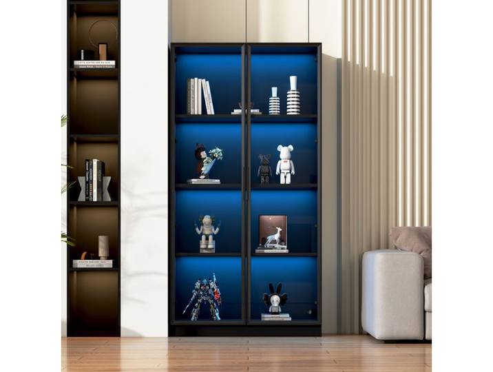 WOVREO Vitrine 80 x 40 x 160 cm avec 2 portes vitrées LED contrôlée par application noire