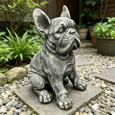Kodotan sofa 16'' Outdoor Weatherproof French Bulldog Statue, Rustic Stone Finish Resin Dog Sculpture, Decorative Ornament