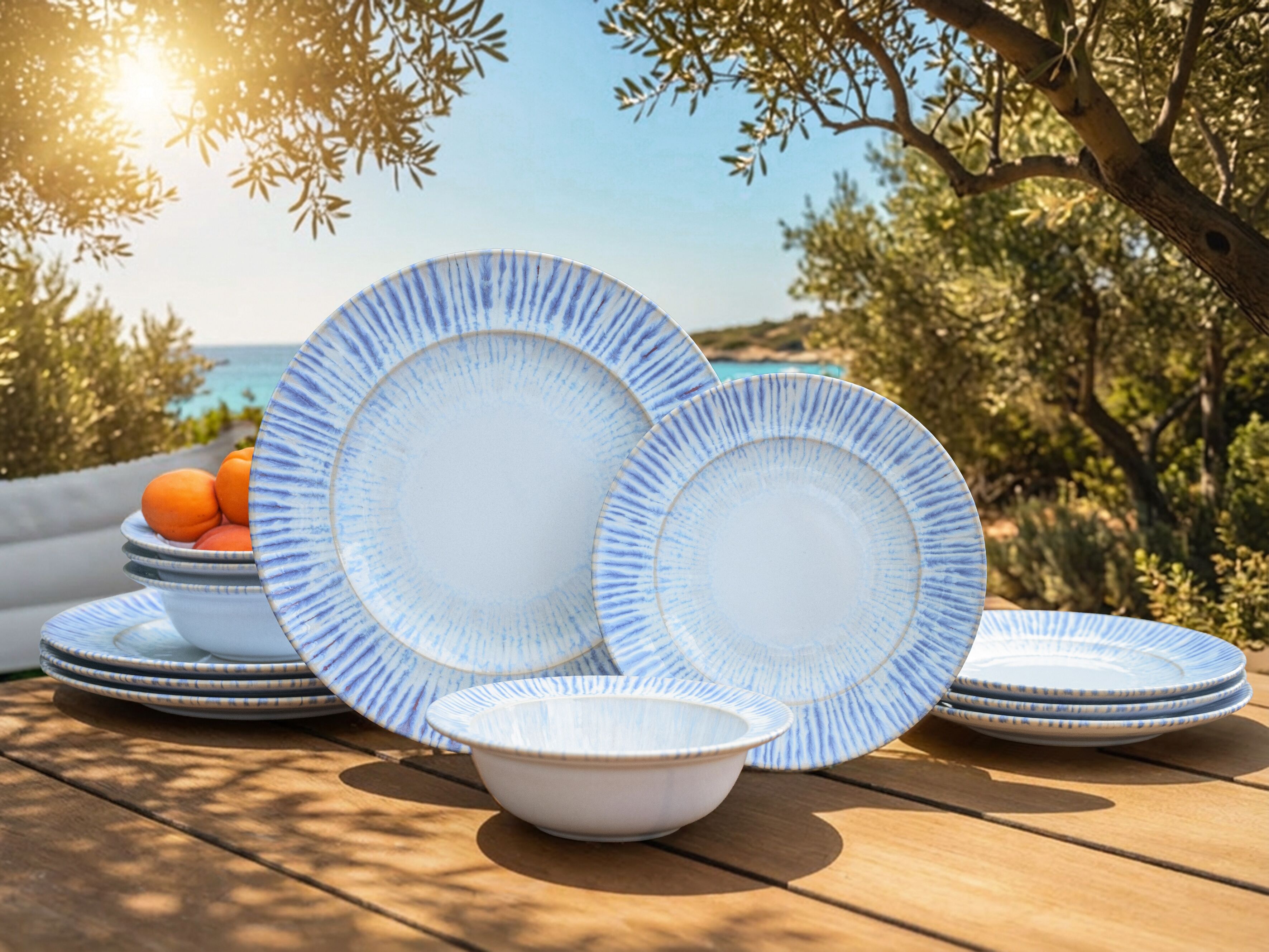 Teller-Set CREATABLE "Rondo Summertime Blau, Teller Set 12-tlg", blau, 12 Stk., Steinzeug, Geschirr-Sets, Teller-Set, Maritim, Reaktivglasur