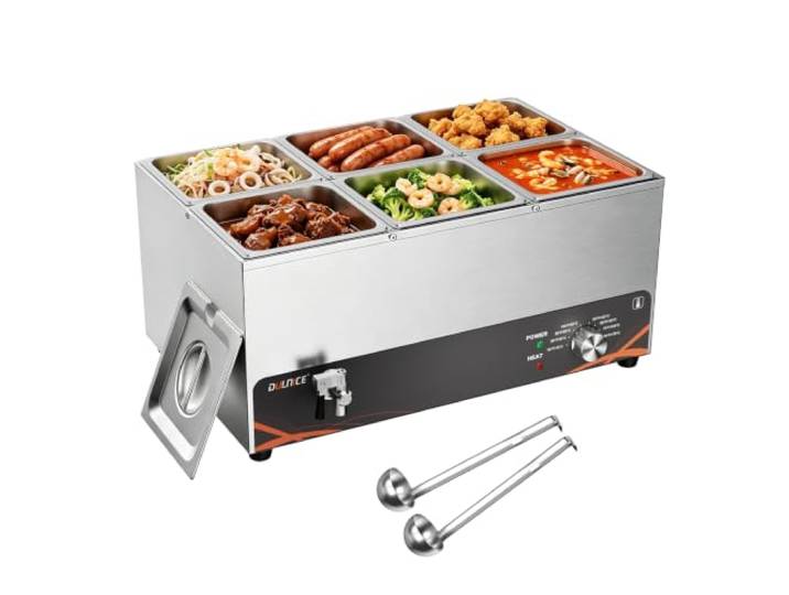 DULNICE 6x1/6 GN Bain Marie Elektrisch Edelstahl Speisenwärmer Wasserbad Gastro Warmhalter 30–85°C regelbar,1500W,mit Ablaufhahn,Suppenlöffel für Catering, Restaurants