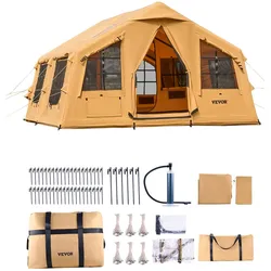 VEVOR Aufblasbares Zelt für Camping 8-12 Personen mit Handpumpe, 4,8x3,6x2,2 m Glamping-Zelt mit 2 Oberlichtern, Baldachin, Ofenanschluss, 2 Türen & Netzfenstern, Aufbewahrungstasche