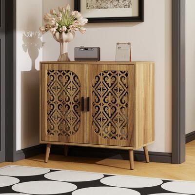 Wooden Storage Cabinet with Hollow‑Out Carved Doors, MDF Melamine Cabinet with Adjustable Shelves, Anti‑Tip Hardware