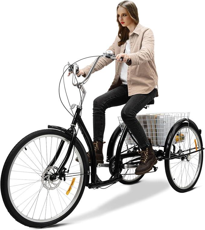 26 Zoll Dreirad für Erwachsene, 6 Gang Freizeit Fahrrad, Einkaufs 3 Räder Mit Korb, City Tricycle, Lastenfahrrad für Outdoor-Aktivitäten, Schwarz