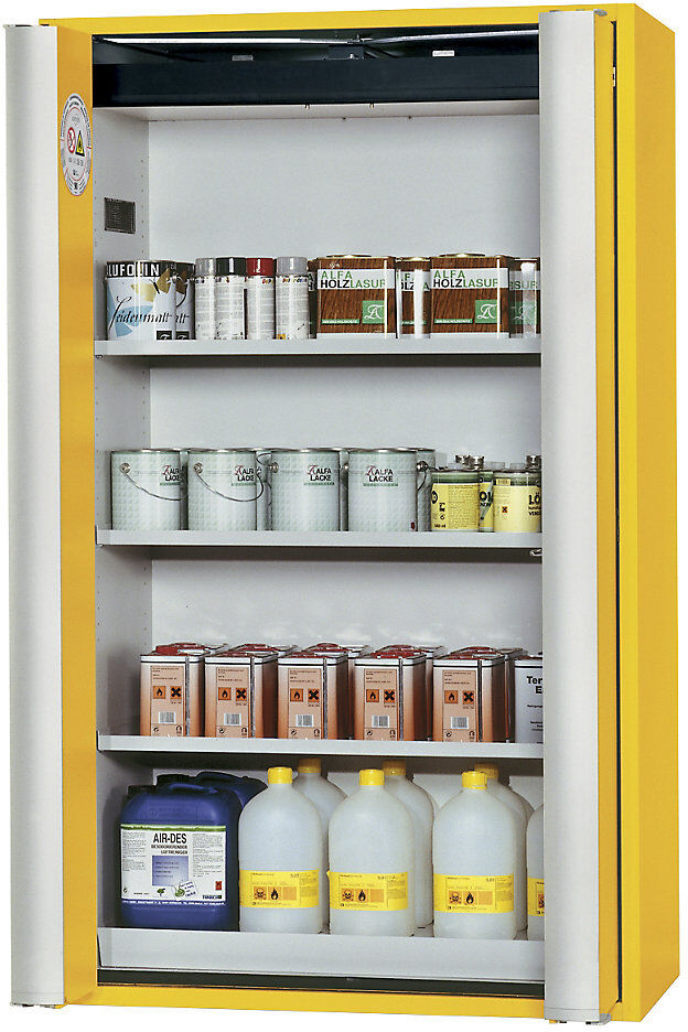 Feuerbeständiger Gefahrstoff-Falttürschrank Typ 90, halbautomatisch, mit 3 Fachböden, goldgelb asecos