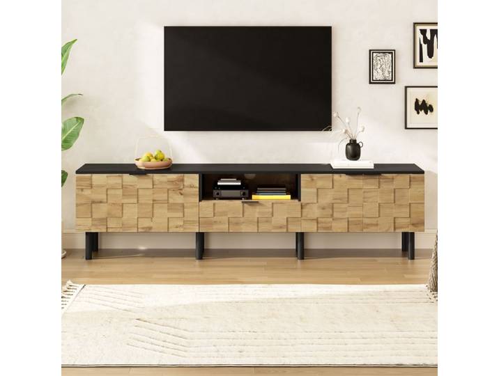 Meuble TV mosaïque effet bois 2 portes 1 tiroir niche ouverte pieds métal passe-câbles rangement salon moderne nordique design