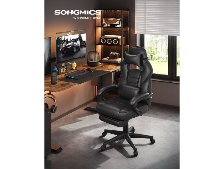 SONGMICS Fauteuil de Bureau, Chaise Gaming, Réglable, Repose-Pieds Télescopique, Mécanisme à Bascule, Appui-tête, Support Lombaire, Charge 150 kg