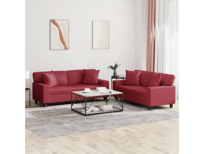 HEFZGDB 2-TLG. Sofagarnitur mit Kissen Weinrot Kunstleder Langlebiges Polstermöbel Schmutzabweisend Robustes Gestell Bequeme Sitzflächen Luxuriöses Design Stabiles Metall Sofa Set
